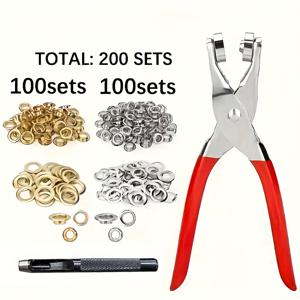 TEMU 202개입 고강도 아일렛 공구 세트, 아일렛 100개 + 와셔 100개 + 금속 플라이어 1개 + 홀 펀치 1개 포함 - 스테인리스 스틸 수동 공예 키트, 인조 가죽, 캔버스에 적합