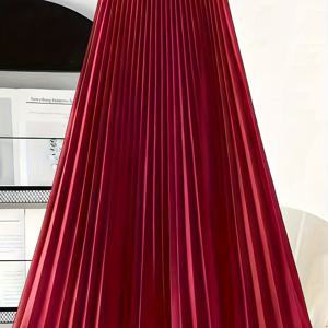 TEMU 우아한 여성용 버건디 주름 치마 - 폴리에스터, 신축성 없음, 기계 세탁 가능, 단색, 캐주얼 및 정장용으로 활용 가능, 세로 주름 디자인