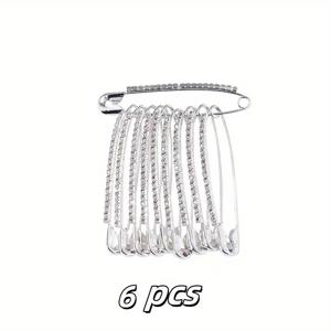 TEMU 6개 실버 라인스톤 안전핀, 2.28X0.47인치, 공예 및 뜨개질 아트용, 내구성 있는 재봉핀, 실버 그레이