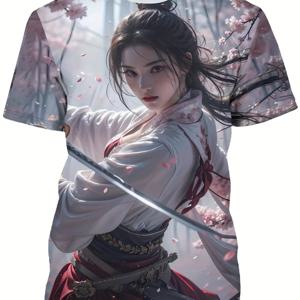 TEMU 일본 사무라이와 벚꽃 3D 프린트가 특징인 남성용 티셔츠 - 부드럽고 통기성이 좋은 원단으로 제작된 풀 바디 그래픽 티. 레귤러 핏의 캐주얼 셔츠는 코스프레, 테마 이벤트 및 일상적인 스트리트웨어에 적합합니다.