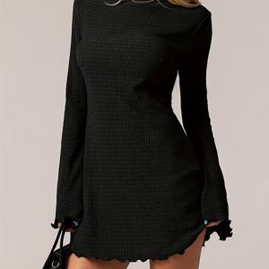 TEMU 여성 캐주얼 솔리드 텍스처 원단 우아한 플레어 소매 드레스, 봄 여름 가을 겨울 여성 의류, 올 시즌 캐주얼 웨어, 드레스, 우아한 드레스, 여름 드레스, 고품질 드레스, 봄 드레스, 졸업 캐주얼 드레스, 캐주얼 우아함