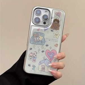 TEMU 귀여운 곰돌이와 음표, 하트, 별, 발바닥 프린트 패턴 휴대폰 케이스. 아이폰 17 PRO MAX, 17 Air/11, 7 16 PRO MAX/16/15 PRO MAX/15 PLUS/15/14 PRO MAX/14 PRO/14/13/12/11/X/XR/XS MAX용. 신상품, 낙하 방지, 은색 전기도금 테두리 포함. 고급스러운 비즈니스 스타일