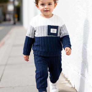 TEMU 아기 남아 가을 겨울 컬러 블로킹 스플라이스 브러시 처리 피트 원단 긴소매 상의 및 바지 세트, 레터 라벨이 있는 포켓 디자인, 아기 가을 겨울 의류에 적합, 캐주얼 세트, 편안한 원단, 야외용