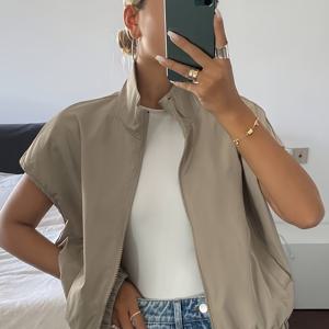 TEMU 여성용 슬리브리스 캐주얼 스탠드 칼라 지퍼업 얇은 아우터웨어