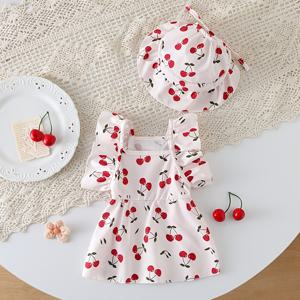 TEMU 아기 고양이 강아지 애완 동물 체리 프린트 드레스 및 모자 2pcs 세트, 귀여운 공주 드레스 (고양이 및 강아지용), 사진 촬영 및 야외복, 데일리룩으로 적합