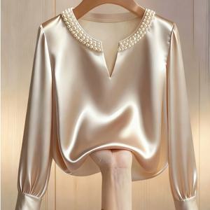 TEMU 여성용 샴페인 컬러 우아한 라운드넥 V넥 진주 장식 롱슬리브 셔츠, 새틴 소재, 출퇴근 및 일상 우아한 착용에 적합. 우아한 스페셜