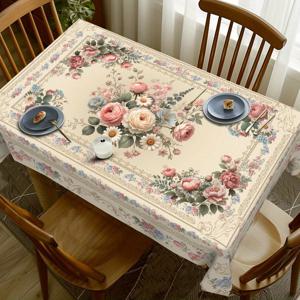 TEMU 테이블보 1개 2D 플랫 레트로 우아한 플로럴 테이블보 (핑크 장미, 수국, ), 봄/여름 장식용 폴리에스터 직사각형 테이블보, 실내/외 휴일 파티 가정 주방 레스토랑 식탁 장식