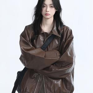 TEMU 2025년 신상 마일라드 브라운 여성용 PU 자켓, 가을 아메리칸 빈티지 루즈핏 자켓, 트렌디한 캐주얼 자켓, 여성용 심플 아우터웨어