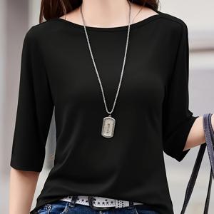 TEMU 여성용 루즈핏 반팔 티셔츠, 2024년 봄 신상 스타일, 단색, 미드 슬리브, 크루넥, 활용도 높은 베이스 레이어 상의