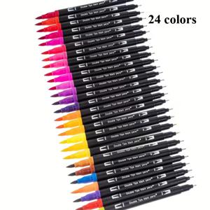 TEMU 1 세트 (24색) 듀얼 헤드 아트 펜 세트, 밝고 생생한 색상 - 튼튼하고 부드러운 필기감, 완벽한 선물, 미술 애호가를 위한 듀얼 팁 소프트 파인 컬러 펜 세트 24개입, 워셔블