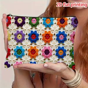 TEMU 크로셰 꽃 화장품 가방 1개, 여행 및 선물용, 부드러운 원단과 2D 평면 크로셰 꽃 패턴, 일상용으로 휴대하기 편한 컴팩트한 크기 - 크로셰 디자인, 2D 평면