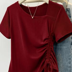 TEMU 여름 신상 비정형 디자인 드로스트링 반팔 티셔츠 캐주얼 솔리드 컬러 탑