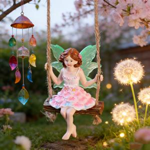 TEMU 핑크 꽃 수지 요정 그네 1개, 봄 색상의 재미있는 야외형 형광 날개 꽃 요정 펜던트, 재미있는 정원 소녀 장식품, 안뜰 잔디밭 현관 야외 장식품, 봄 정원 장식용, 선물용