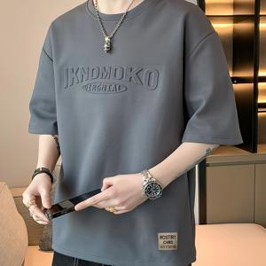 TEMU 새로운 여름 남성용 루즈핏 캐주얼 티셔츠, 스탬프 레터 장식, 데일리룩으로 활용하기 좋음, 약간의 신축성 있는 원단으로 제작, 레터 로고 디자인