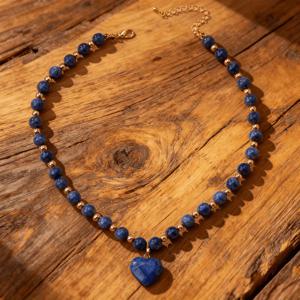 TEMU 하트 펜던트가 달린 패션 라피스 라즐리 비즈 목걸이, 수공예 및 조절 가능. 자신 또는 파트너를 위한 완벽한 선물로, 독특한 액세서리가 특징입니다.