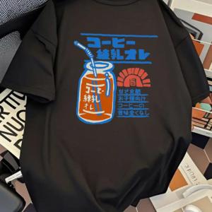 TEMU 남성 티셔츠 - 일본 힙합 스트리트 스타일 빈티지 음료 및 햇빛 패턴 프린트, 캐주얼 반팔 여름 야외 복장