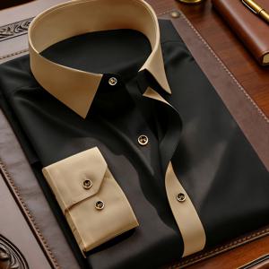 TEMU 남성용 투톤 컬러블록 정장 및 캐주얼 긴소매 버튼다운 셔츠, 골든 단추와 디테일한 장식 포함. 꼭 맞고 편안한 핏을 위한 폴리에스터 섬유 제작