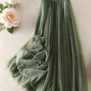 TEMU 캐주얼 탄성 허리 A라인 플리츠 메쉬 스커트 신상 빅사이즈 스윙 힙 커버 미디 기장 스커트