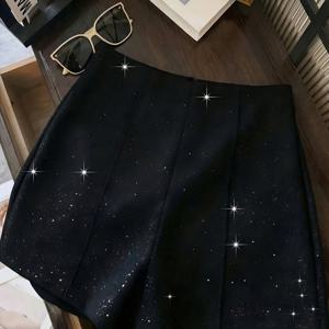 TEMU 세련된 신상 봄/여름 여성용 반바지, 고급스러운 블랙 글리터 슬림 반바지, 블랙 반바지, 파티 미니 반바지, 여성 겨울 의류, 여름, 봄, 발렌타인데이, 로맨틱, 데이트, 해변, 결혼식, 생일, 외출, 우아한 캐주얼