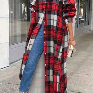 TEMU 플러스 사이즈 - 플러스 사이즈 - 플러스 사이즈 여성 패션 유럽 및 미국 스타일 체크 셔츠 롱 셔츠 여성 탑