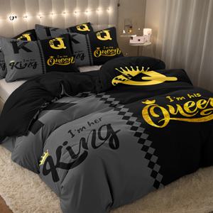 TEMU 발렌타인데이 이불 커버 3종 세트, 이불 커버 1개 + 베개 커버 1/2개, 솜 미포함, 세련된 블랙 앤 그레이 왕관 디자인 프린트 침구, 부드럽고 편안하며 통기성 좋은 이불 커버, 여성, 남성, 침실, 손님방, 호텔용