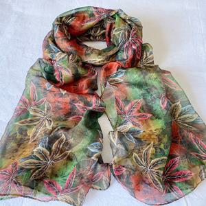 TEMU 여성용 화려한 가을 숲 바리 시폰 스카프 - 컬러풀 메이플 리프 패턴, 가벼운 폴리에스터 쇼울, 캐주얼 외출 및 가을 착용에 적합|화려한 패턴|폴리에스터 시폰