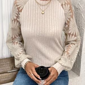 TEMU 대비되는 레이스 잠금 아이 컬라 스캘럽 트림 셔링 디테일 블라우스