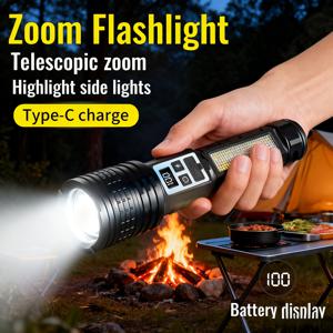 TEMU 야외용 고출력 장거리 손전등 1개, 초고휘도형 특대형 조절식 망원경 줌 손전등, IP65, LED 서치라이트 - USB 충전식, 낙하 방지 내구성 휴대용 핸드헬드 손전등, 가정용 비상등, 야외용 전술 손전등