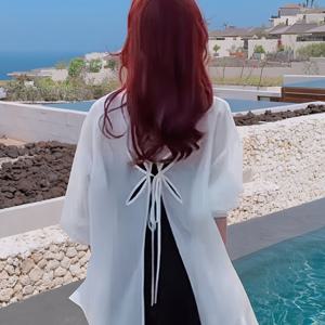 TEMU 봄과 여름을 위한 우아한 롱슬리브 셔츠, 뒷면 컷아웃 디자인, 뒷면 타이 장식 쉬폰 셔츠, 에어컨 환경에 적합한 통기성 좋은 롱슬리브 셔츠