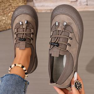 TEMU 여성용 통기성 좋은 소프트 솔 슬립온 슈즈, 레이스업 디자인, 단색 및 둥근 토, 캐주얼 및 직장복에 적합. 갑피는 통기성이 좋습니다.