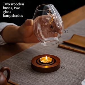 TEMU 2세트 4개 나무 촛대, 램프 갓 2개 + 받침 2개, 나무 받침 매화 유리 촛대 - 레트로 투명 중국 젠 스타일 장식품, 거실, 식당, 야외 데스크탑 장식, 특별한 선물 아이디어, 촛불 장식