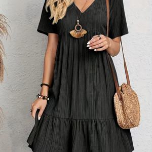 TEMU 중동풍 브이넥 단색 우아한 반소매 루즈핏 캐주얼 스타일 드레스