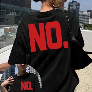 TEMU 여성용 레터 프린트 티셔츠 NO, Reject 블랙 반팔 라운드넥 캐주얼 탑, 중간 신축성 통기성 원단, 봄과 여름에 세탁기 사용 가능, 여름철 착용에 적합, 편안한 스타일