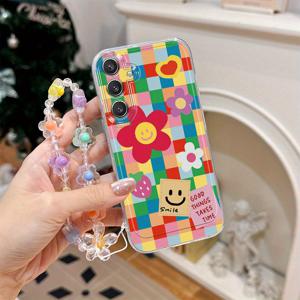 TEMU 폰 케이스: 화려한 체크무늬 즐거운 얼굴 꽃 팔찌 폰 케이스, 삼성 갤럭시 A05 A06 A15 A16 5G, 애플 아이폰 17/17 Air/16/15/14/13/12/11 프로 맥스 호환, 낙하 방지 심플 스타일/인터넷 유명/트렌디한 여성용/랜야드 팔찌 포함/휴일 선물/여자친구용