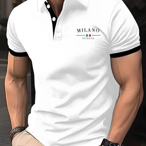 TEMU 남성용 반팔 폴로 셔츠 | 프린트 디자인의 트렌디한 여름용 라펠 칼라, 캐주얼 스타일, 버튼 디테일, 약간의 스트레치 원단