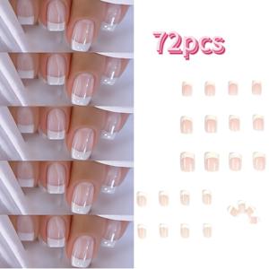 TEMU 72개입 프렌치 프레스온 네일 핑크 앤 화이트, 숏 스퀘어 아크릴 인조손톱, 여성용 재사용 가능한 네일, 파티 및 특별한 날에 적합, 간편한 부착 및 착용 (젤리 글루 및 파일 스트립)