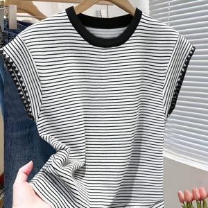 TEMU 여성용 우아한 티셔츠, 스플라이스드 라운드 넥 & 소매 - 세로 줄무늬 블라우스형 탑, 중간 신축성, 사무실, 세미 정장, 캐주얼 의상용, 기계 세탁 가능