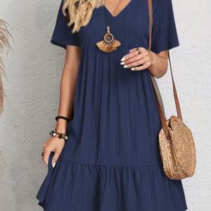 TEMU 중동풍 브이넥 단색 우아하고 스타일리시한 여성 원피스, 반팔 루즈핏 캐주얼 스타일 드레스