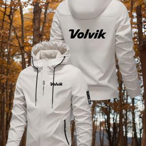 TEMU 세련된 Volvik 프린트 디자인, 풀 지퍼 클로저, 지퍼 포켓이 특징인 남성용 경량 사계절 후드 재킷 - 캐주얼 및 사무실에 적합한 폴리에스터 소재의 스포티한 방풍 재킷
