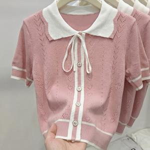 TEMU 새로운 봄/여름 여성 패션: 우아한 인형 칼라 리본 나비매듭 버튼 상의