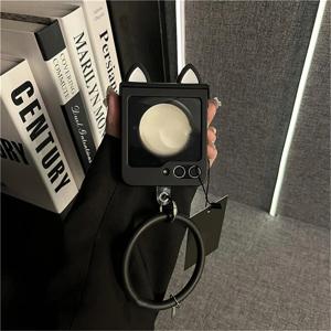 TEMU 휴대폰 케이스: 새로운 심플하고 귀여운 한국식 고양이 귀 블랙 휴대폰 케이스, 원형 팔찌 포함, 삼성 갤럭시 Zflip7 Z Flip6 ZFlip 5 Zflip4 3 Motorola RAZR 60 50 50ultra 60ultra용 커버