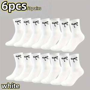 TEMU 여성용 통기성 리본 라운드넥 양말 6개/3켤레, 우아한 리본 패턴 디자인, 리본 패턴 원단 제작 - 부드럽고 피부 친화적, 스타일리시한 사이드 디자인 - 통기성 좋고 따뜻한 종아리 양말, 오버니 양말, 야외 레저용, 사계절 아웃도어 스포츠용, 커플 양말, 여성용 보온 양말, 발렌타인데이 선물, 발목 양말, 팬티스타킹