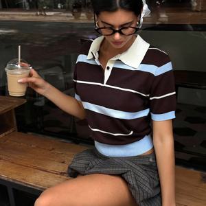 TEMU 여름 여름 여성용 우아한 컬러 블록 폴로 칼라 반팔 슬림핏 반팔 탑, 대학 스타일 출퇴근 스트리트 올매치 저렴한 아우터 웨어 셔츠