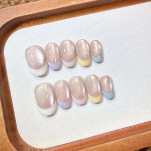 TEMU 핸드메이드 누름식 인조네일 10개, 새로운 여름 컬렉션, 누드 캣아이 마카롱 그라데이션 프렌치 팁, 탈부착 가능한 INS 스타일 인조 손톱, 재사용 가능, 해변, 여행, 휴가, 결혼식, 파티, 데일리웨어에 적합, 도구 키트 포함