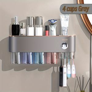 TEMU 1세트 스테인리스 스틸 칫솔 홀더 (구강세척 컵 포함), 자동 치약 디스펜서, 벽걸이형 칫솔 보관 랙, 펀치 없는 칫솔 보관 정리함, 미니멀 칫솔 랙 & 욕실 텀블러 세트, 욕실 용품