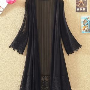 TEMU 플러스 사이즈 - 플러스 사이즈 - 플러스 사이즈 여성 솔리드 메쉬 3/4 소매 롱 가디건 숄 레이스 재킷 코트