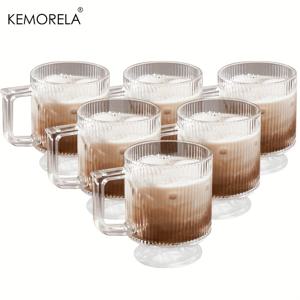 TEMU KEMORELA 손잡이 달린 고품질 유리 커피 머그 2/4/6개, 10Oz 전통적인 세로 유리 티 머그, 투명 골지 드링크 컵, 빈티지 클리어 유리 세트 (핫 앤 콜드 아메리카노, 카푸치노용)