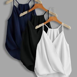 TEMU 솔리드 이탈리안 스파게티 스트랩 탑 3개 세트, 캐주얼 민소매 서플라이스 넥 하이로우 캐미 탱크탑, 여름용 여성 의류