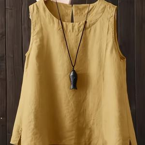 TEMU 여름 레트로 옐로우 루즈핏 민소매 여성용 문학 스타일 아우터웨어