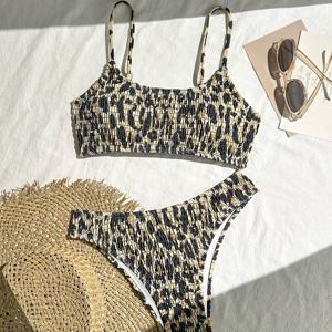 TEMU 여름 해변 휴가용 프린트 플리츠 스트랩 비키니 세트, 여름 해변 휴가 및 파티에 완벽